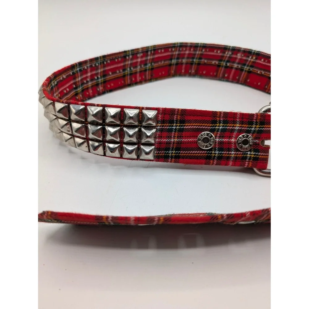 Funk Plus Red Plaid Tartan Triple Row Pyramid Stud Belt Made in USA Punk Small